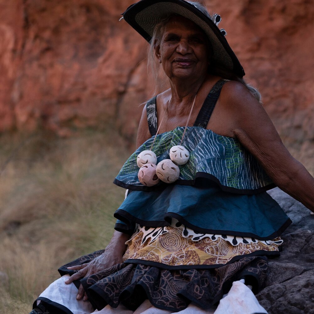  - One of the nominees for the Cultural Adornment and Wearable Art Award; Peggy Griffiths from Waringarri Aboriginal ArtsIMAGE | Peggy Griffiths in her Legacy Dress. Photo courtesy Grace-Lillian Lee and Chris Baker.